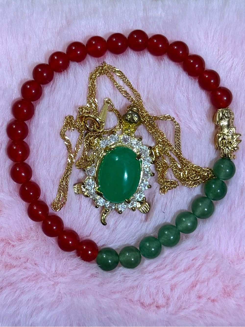 Natural Turtle Green Jade Jadeite Necklace 17” & 24K Gold Plated Dragon Bracelet